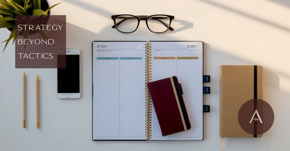 Organized desk with planner and notebook symbolizing structured marketing strategy and planning.