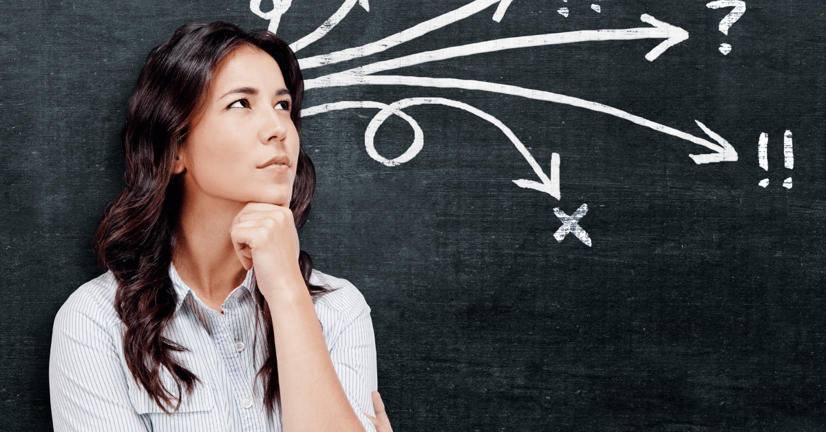 Woman considering multiple marketing and business decisions, representing founder-led marketing and decision overload in a growing business.