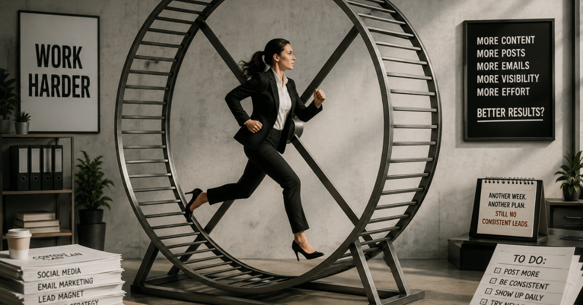Businesswoman running on a life-sized hamster wheel in an office filled with marketing tasks and reminders, symbolizing effort without forward progress.