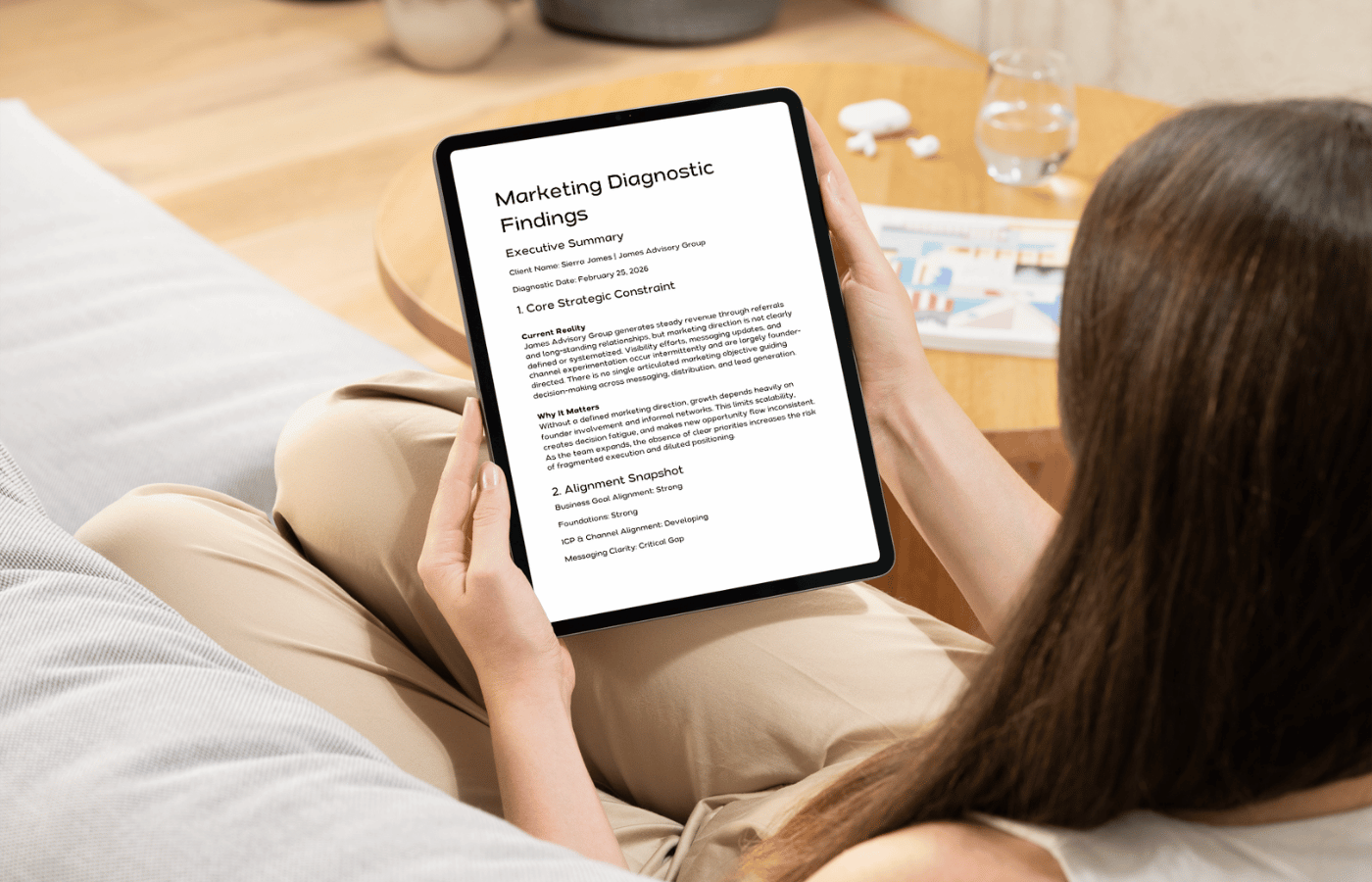 Woman reviewing a Marketing Diagnostic Findings executive summary on a tablet.