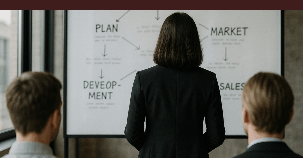 Woman presenting a structured marketing strategy diagram on a whiteboard to colleagues.